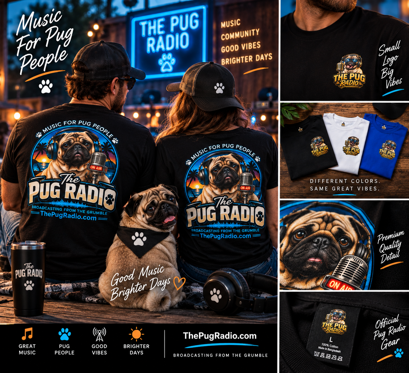 The Pug Radio — Music for Pug People Official T-Shirt
