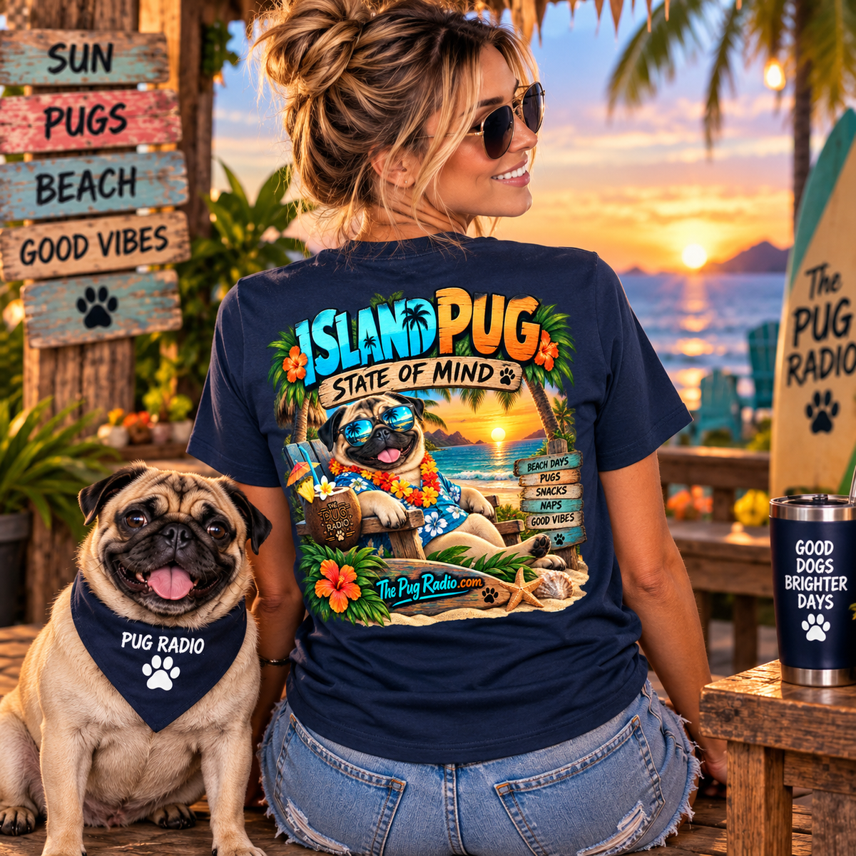 Island Pug State of Mind | Tropical Pug Beach T-Shirt for Dog Lovers