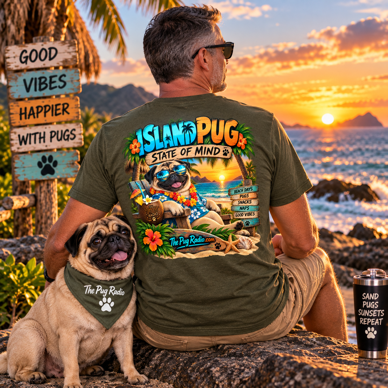 Island Pug State of Mind | Tropical Pug Beach T-Shirt for Dog Lovers